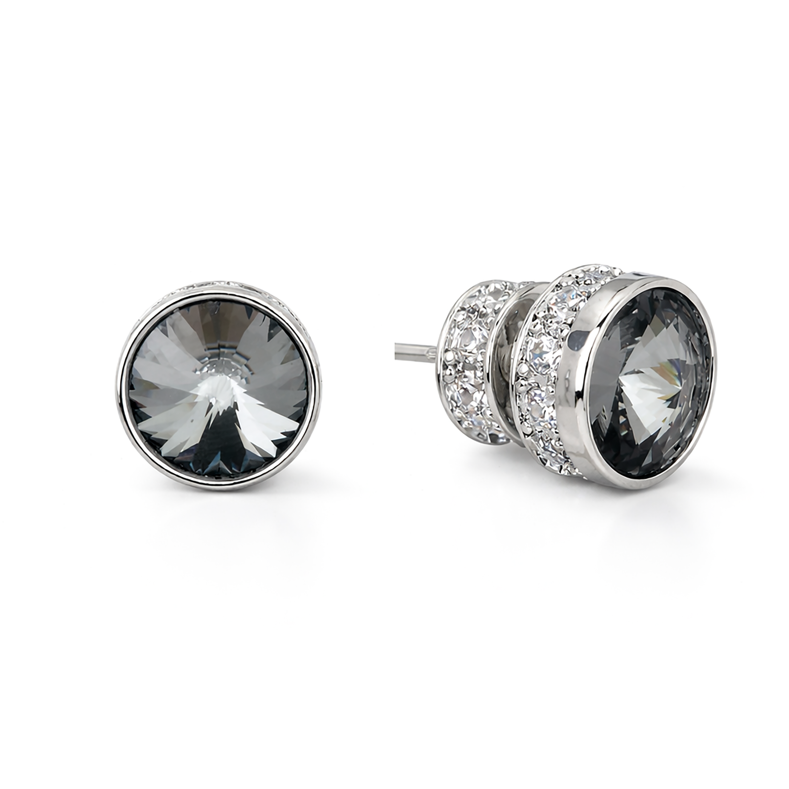 Round Rivoli Bezel Stud Earrings - Black