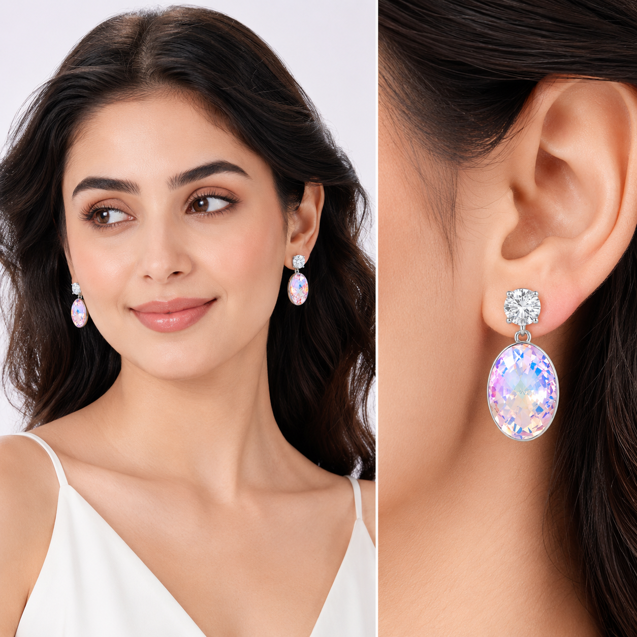 Oval Crystal Drop Earrings with CZ Stud - Aurora