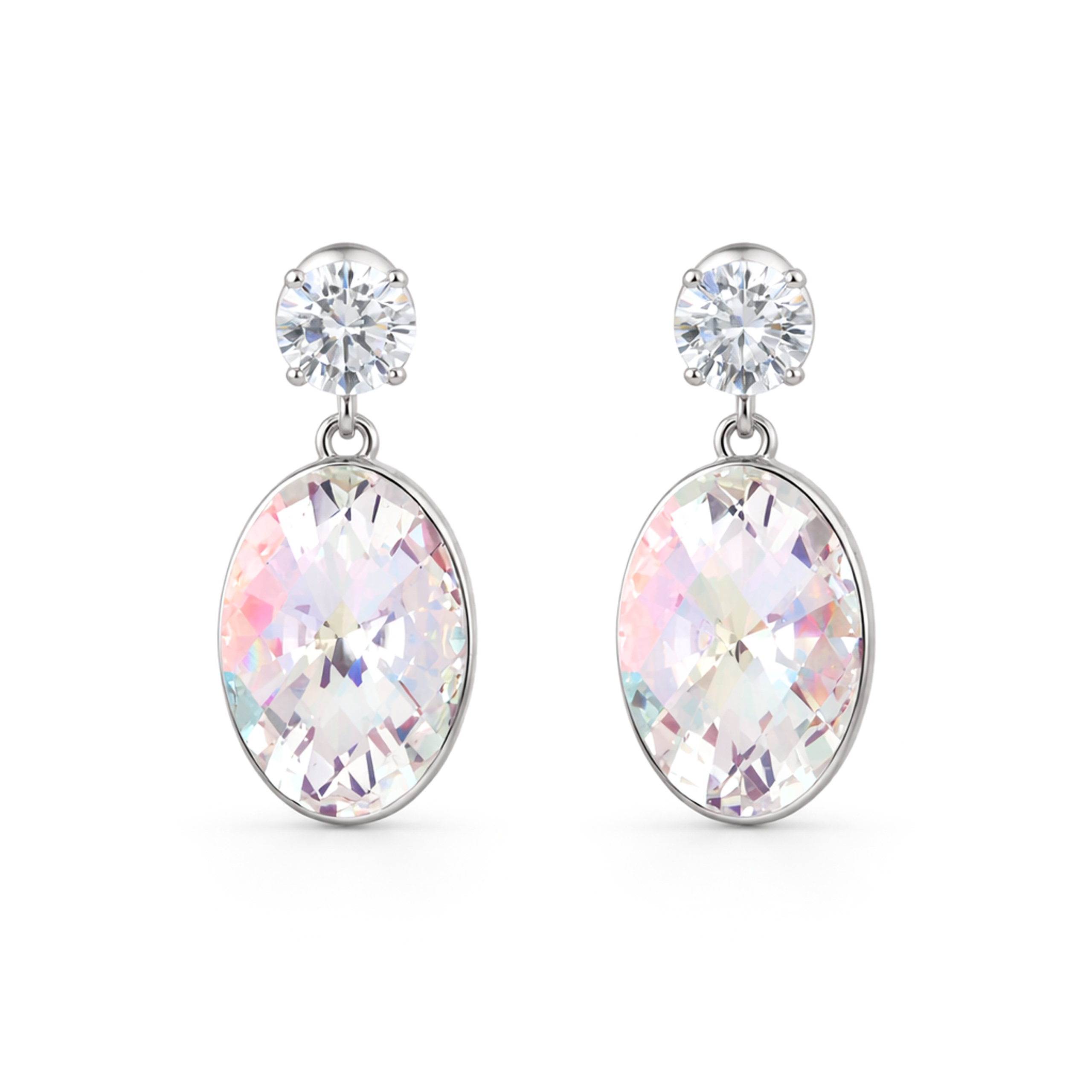 Oval Crystal Drop Earrings with CZ Stud - Clear