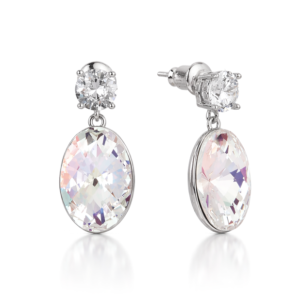 Oval Crystal Drop Earrings with CZ Stud - Clear
