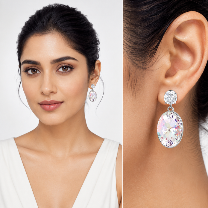 Oval Crystal Drop Earrings with CZ Stud - Clear