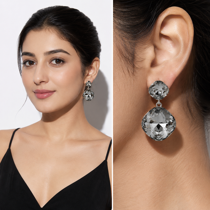 Two-Tier Cushion Drop Earrings - Black