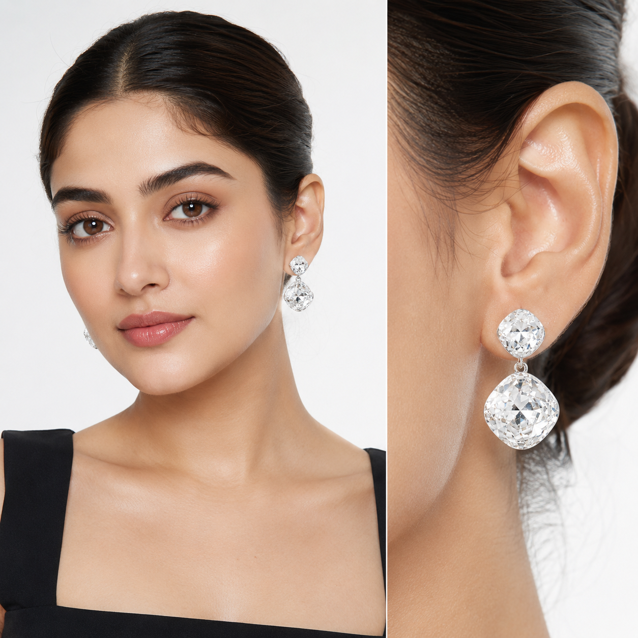 Two-Tier Cushion Drop Earrings - Clear