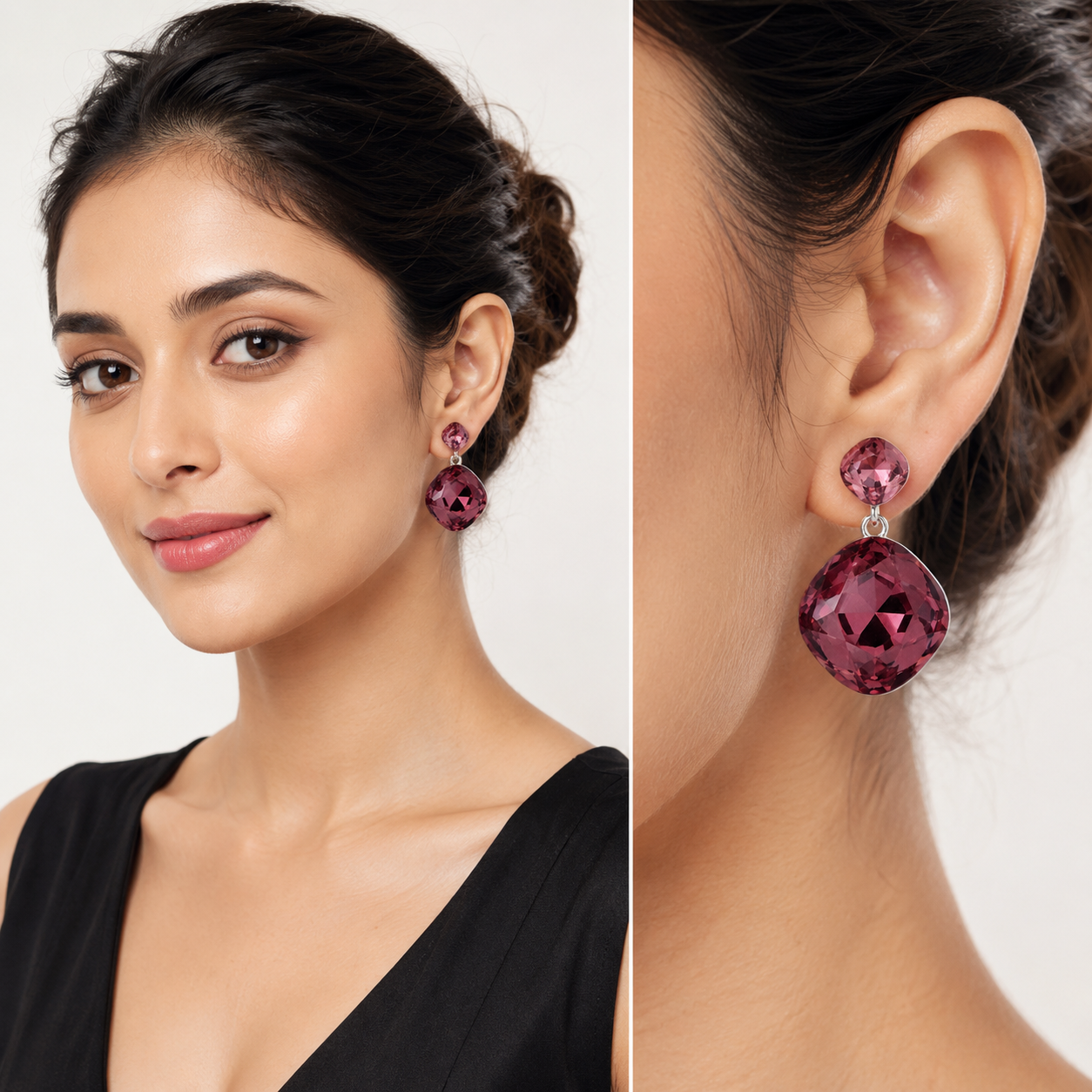 Two-Tier Cushion Drop Earrings - Burgundy