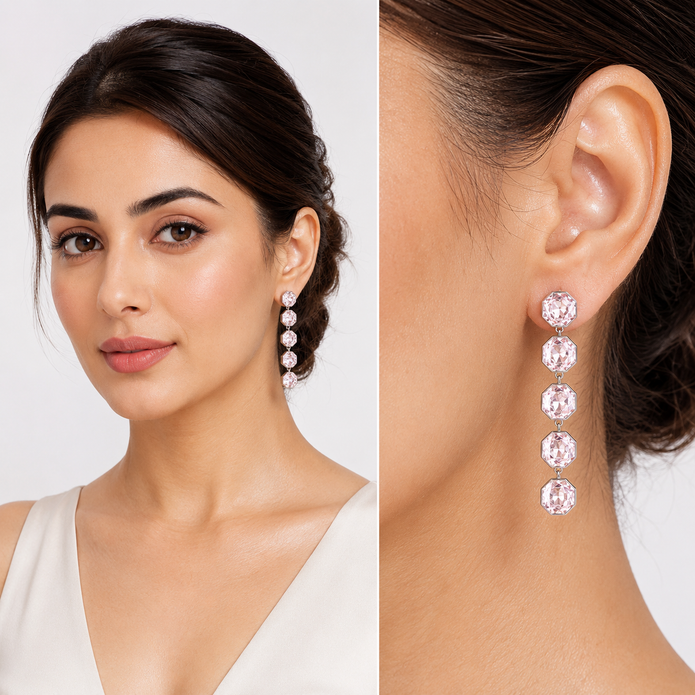 Octagonal Tennis Drop Earrings - Rose pink