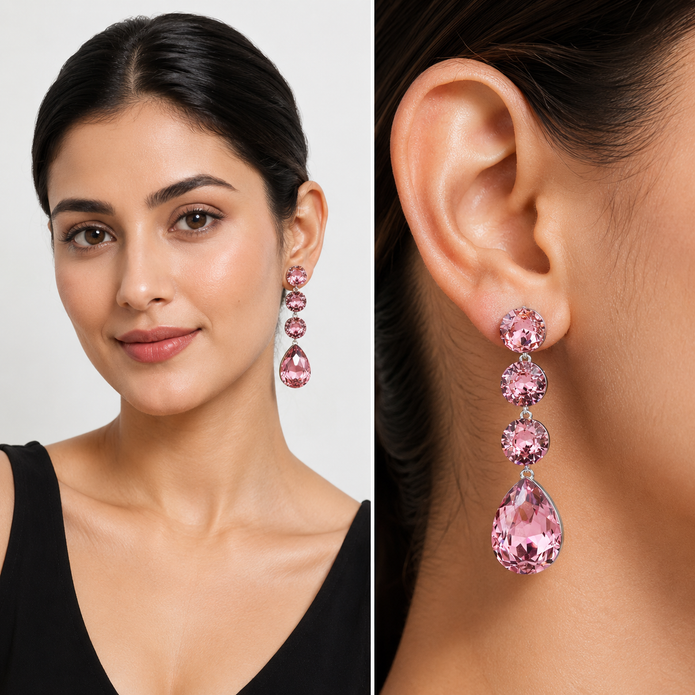 Tennis Drop Earrings with Pear Finale - Rose pink