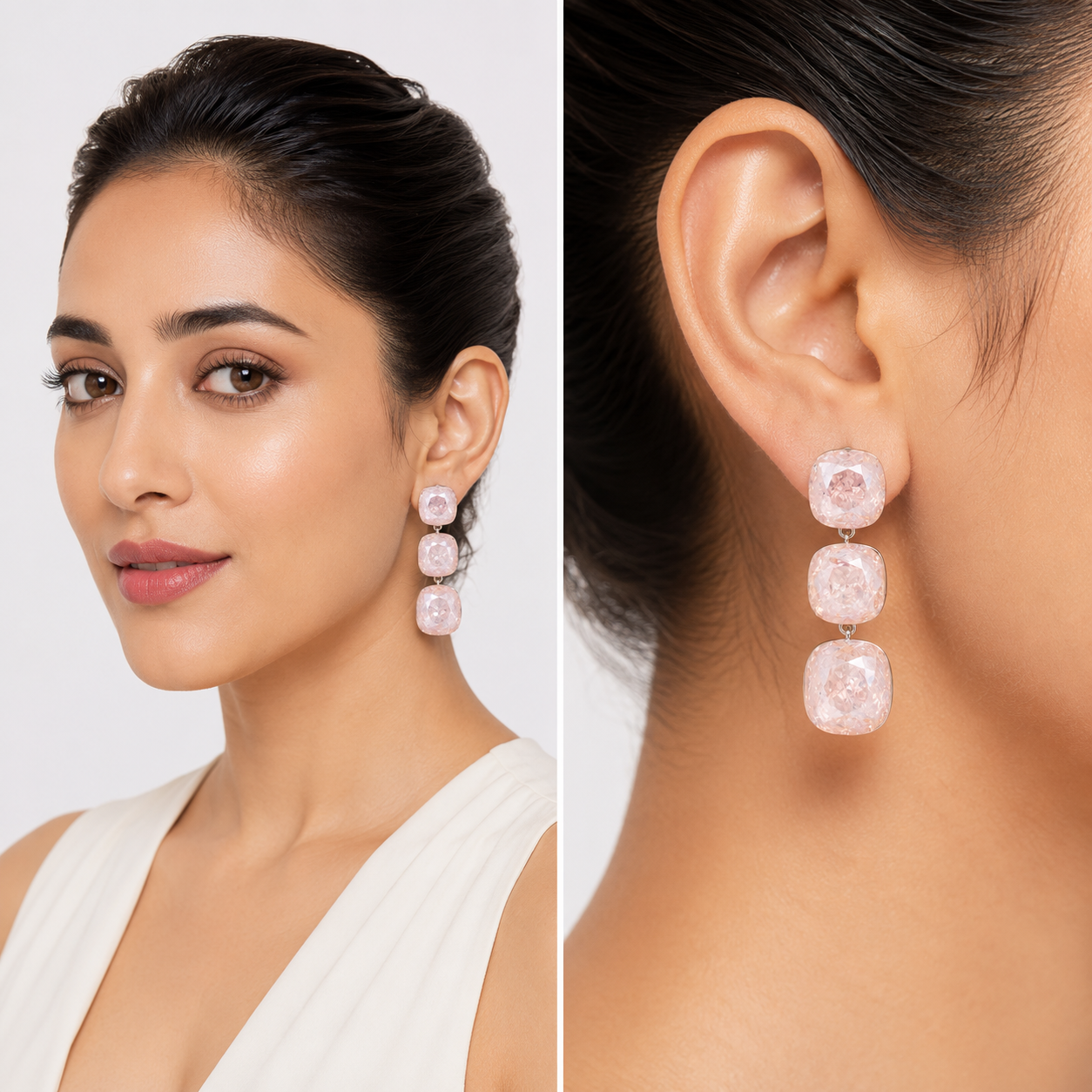 Opal-Effect Cushion Drop Earrings - Rose Quartz