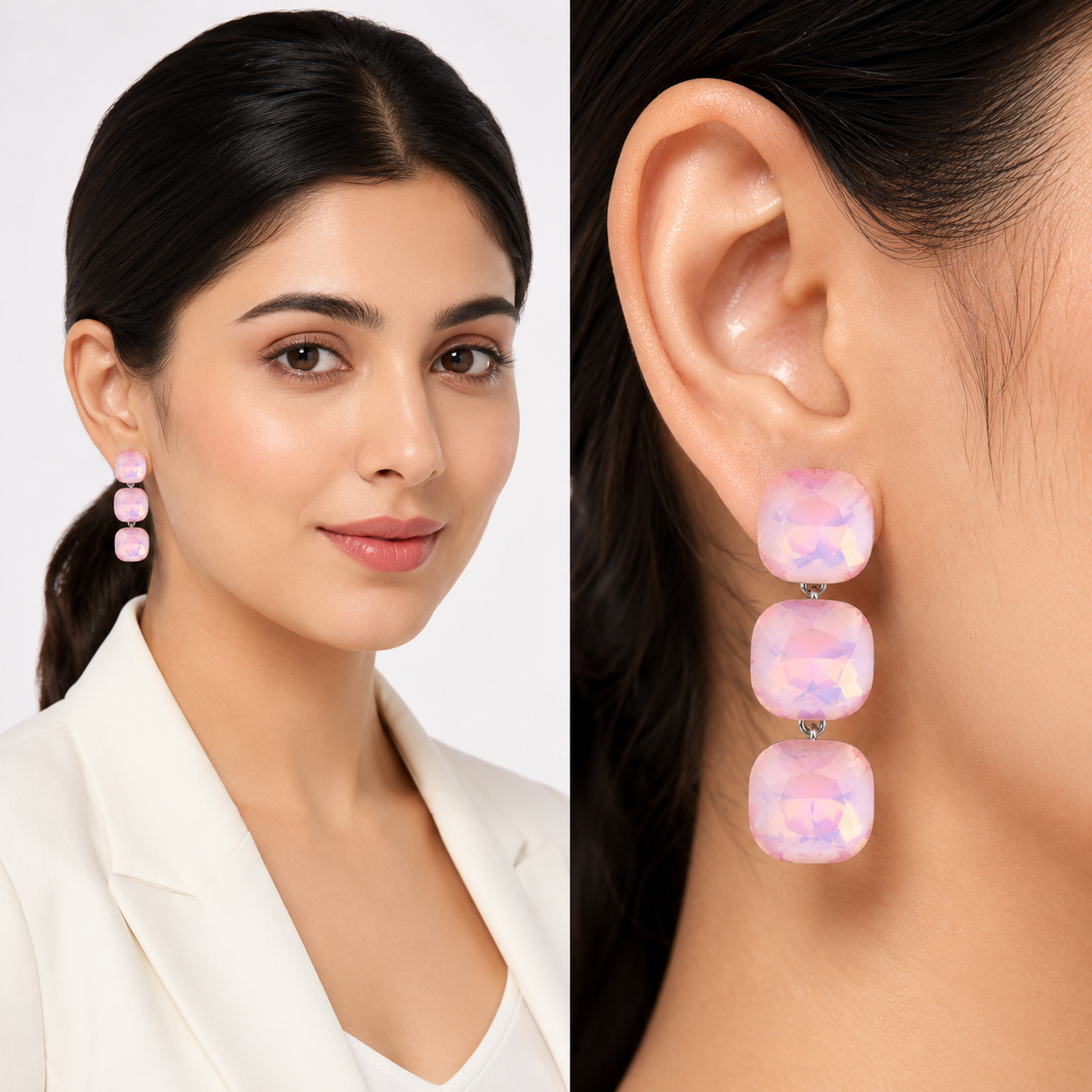 Opal-Effect Cushion Drop Earrings - Rose pink