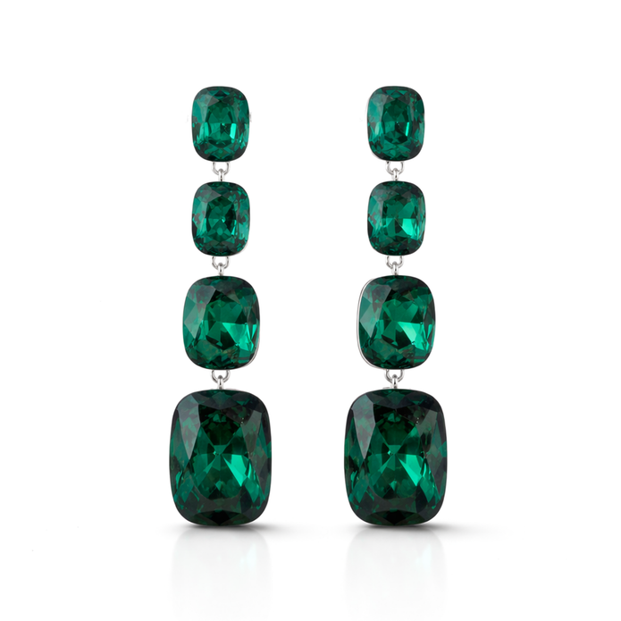 Three-Stone Cushion Drop Earrings - Emerald Green