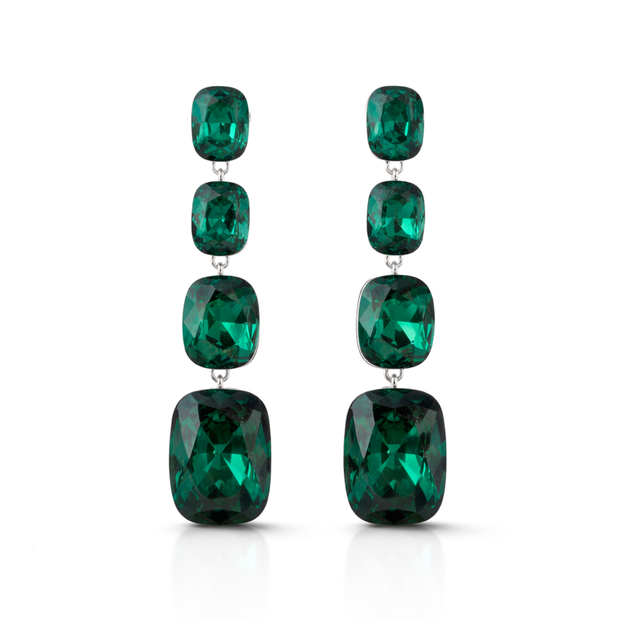 Three-Stone Cushion Drop Earrings - Emerald Green