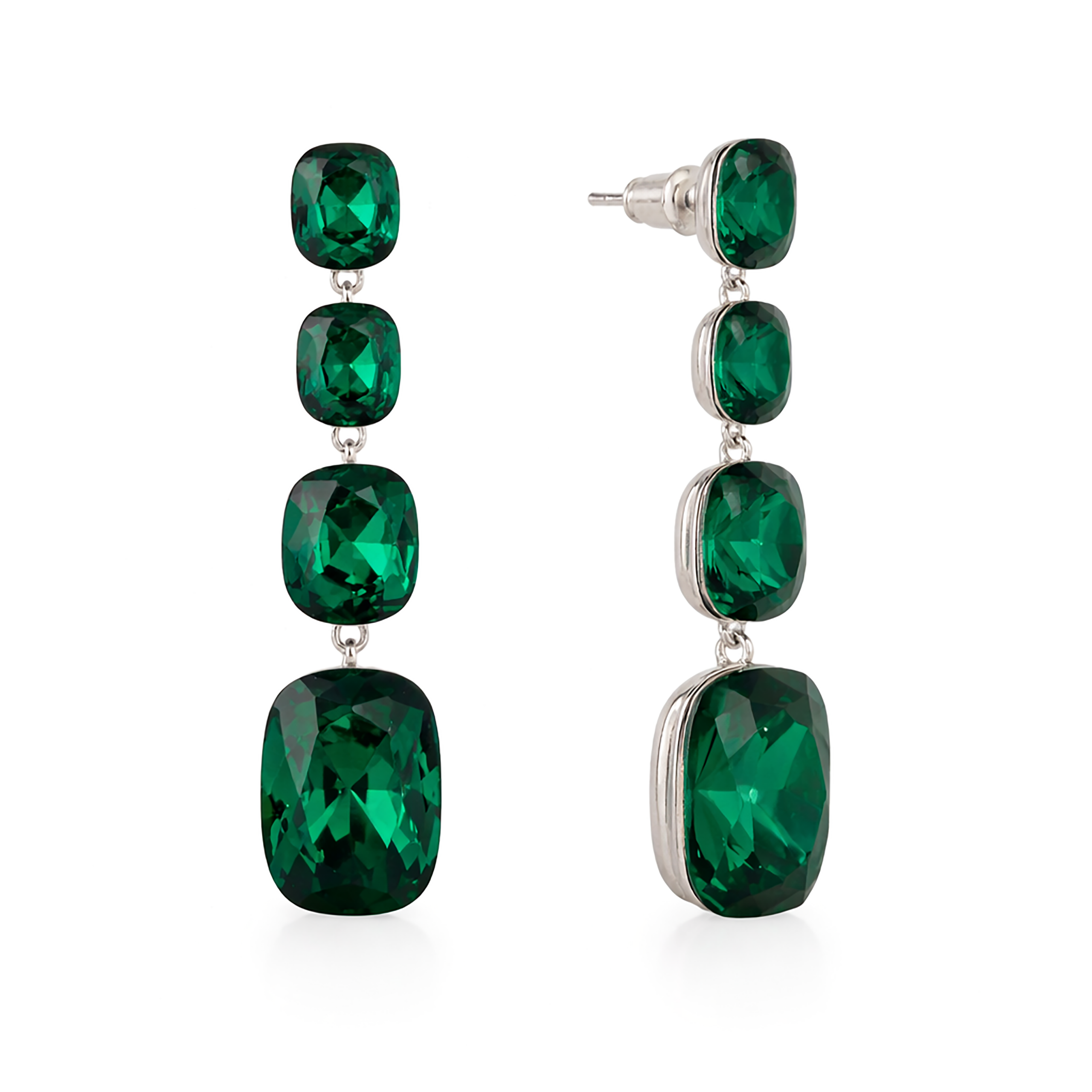 Three-Stone Cushion Drop Earrings - Emerald Green