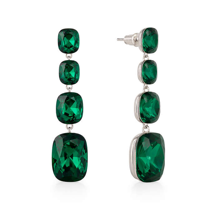 Three-Stone Cushion Drop Earrings - Emerald Green
