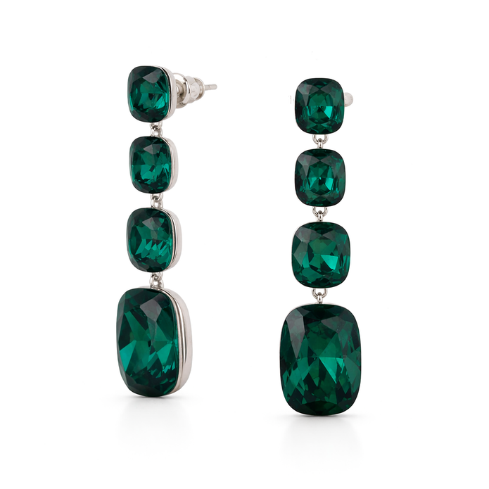 Three-Stone Cushion Drop Earrings - Emerald Green