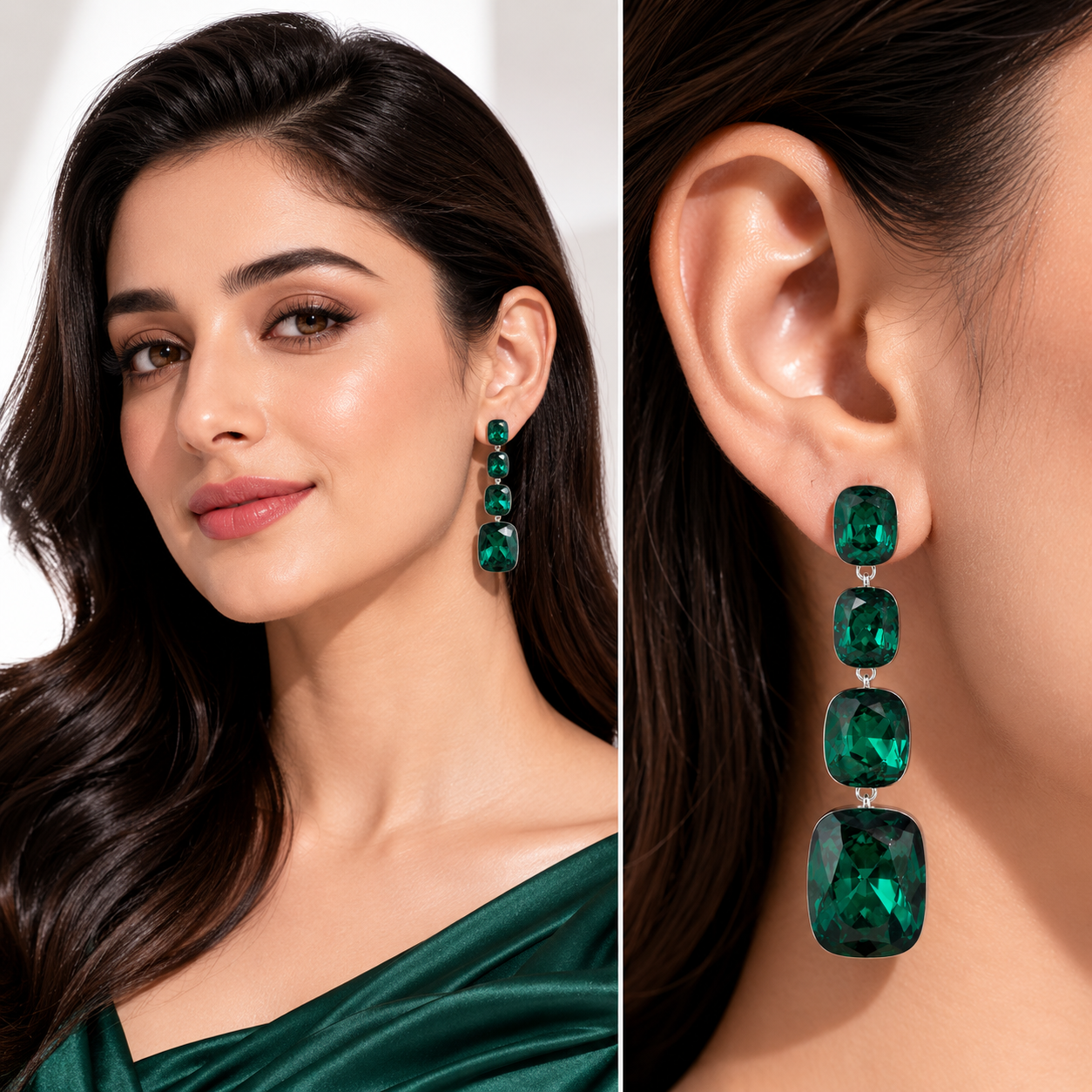 Three-Stone Cushion Drop Earrings - Emerald Green