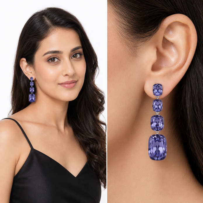 Three-Stone Cushion Drop Earrings - Amethyst