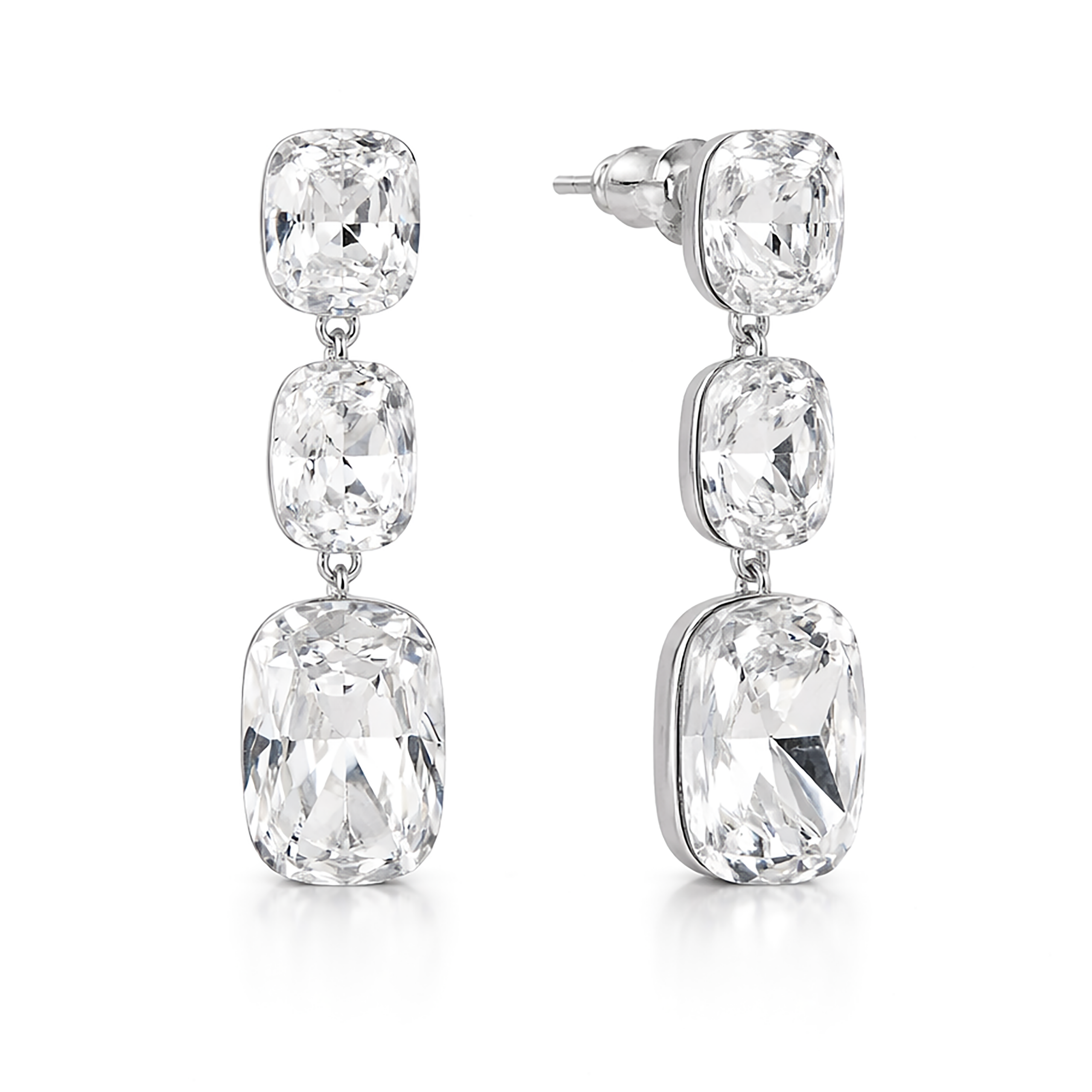 Three-Stone Cushion Drop Earrings - Clear