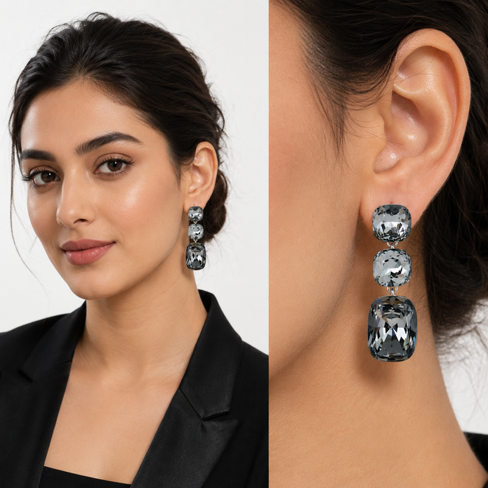 Three-Stone Cushion Drop Earrings - Black