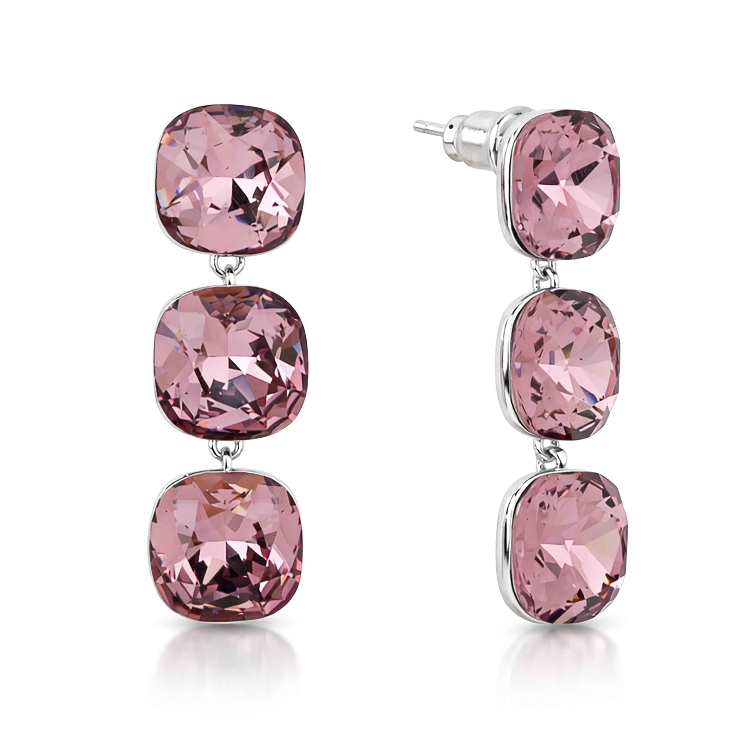 Rose pink Three-Stone Cushion Drop Earrings