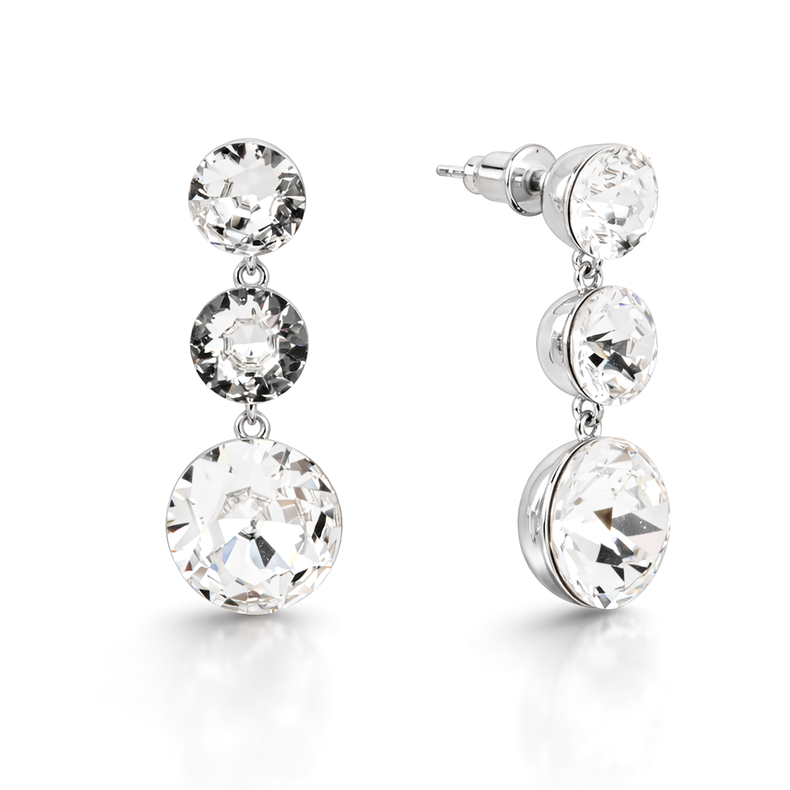 Clear Three-Stone Round Drop Earrings