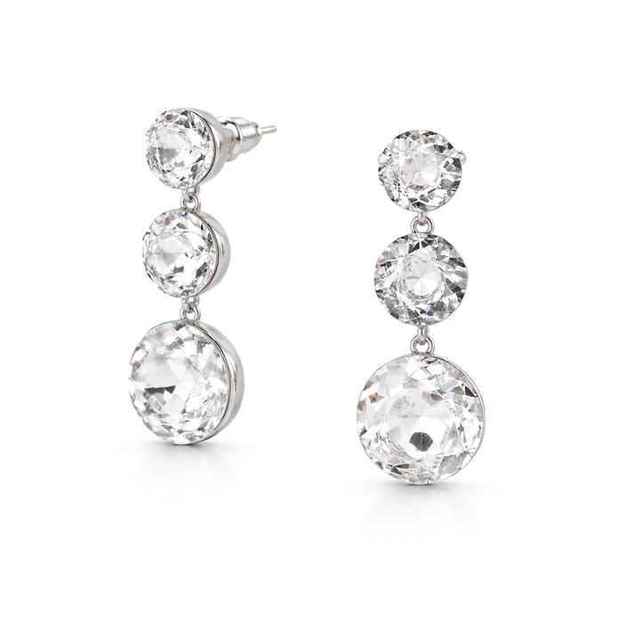 Clear Three-Stone Round Drop Earrings