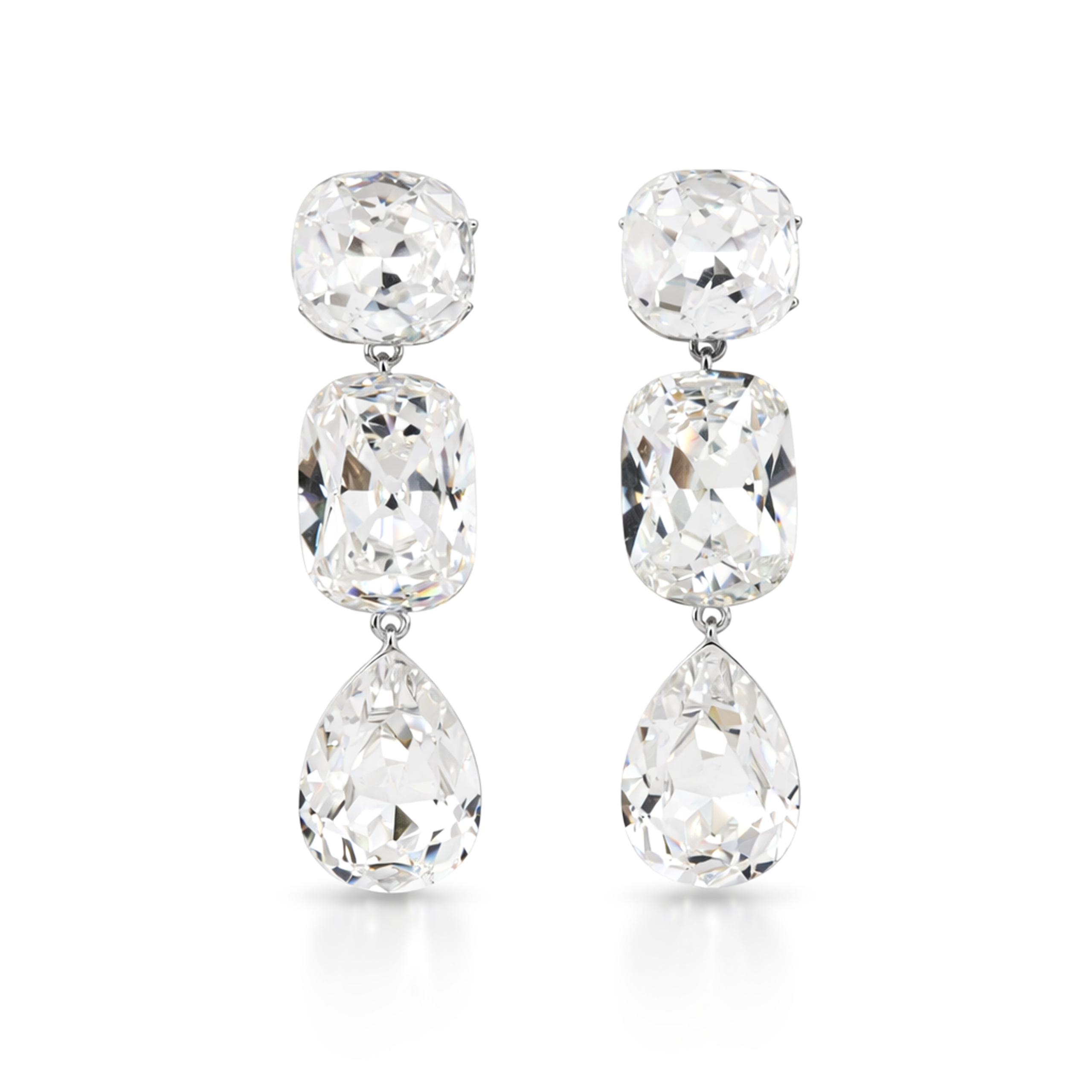 Clear Cushion and Pear Three-Stone Drop Earrings
