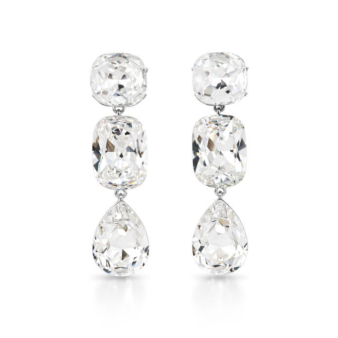 Clear Cushion and Pear Three-Stone Drop Earrings