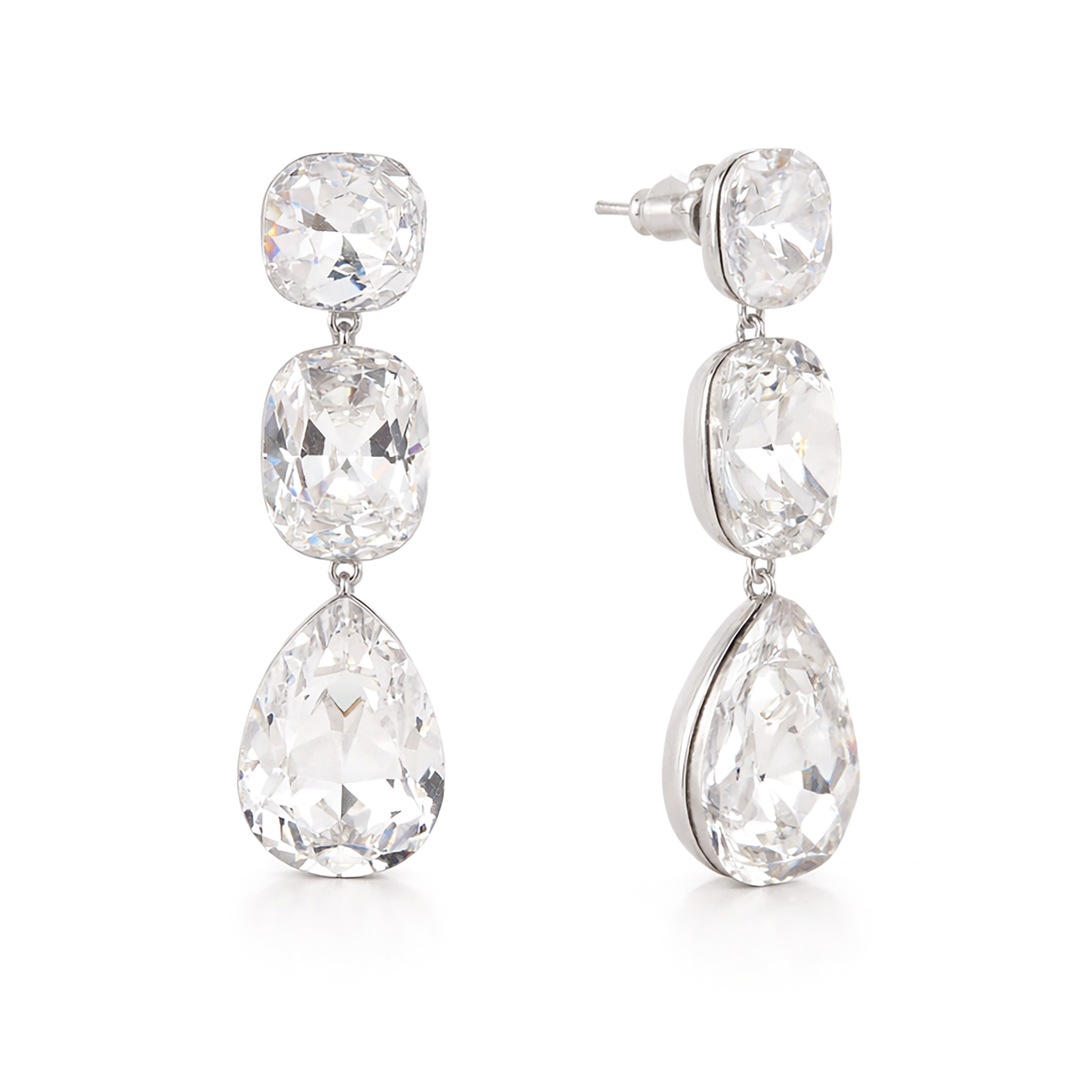 Clear Cushion and Pear Three-Stone Drop Earrings