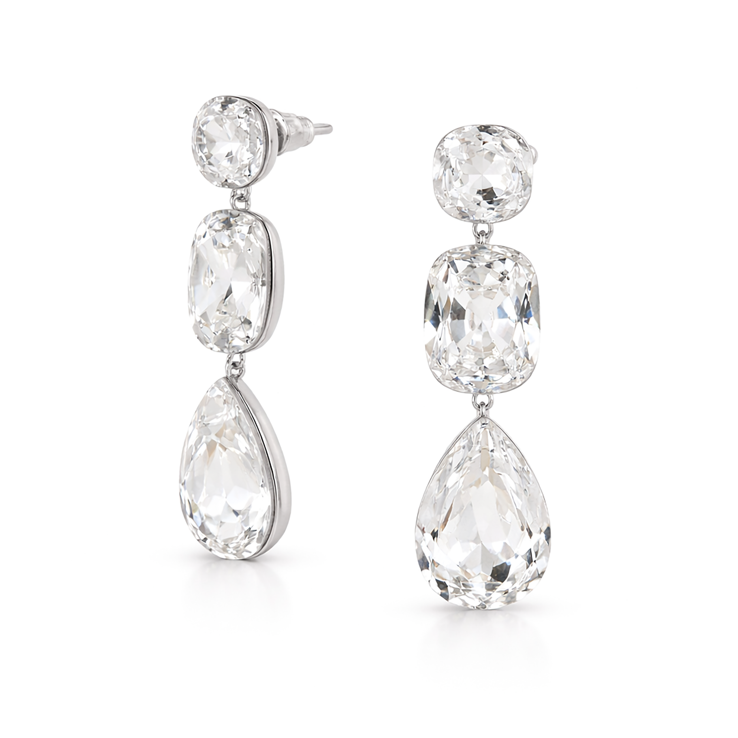Clear Cushion and Pear Three-Stone Drop Earrings