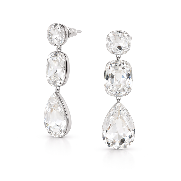 Clear Cushion and Pear Three-Stone Drop Earrings