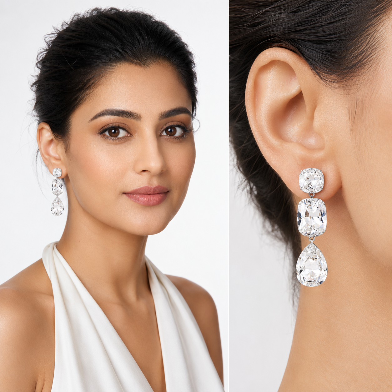 Clear Cushion and Pear Three-Stone Drop Earrings