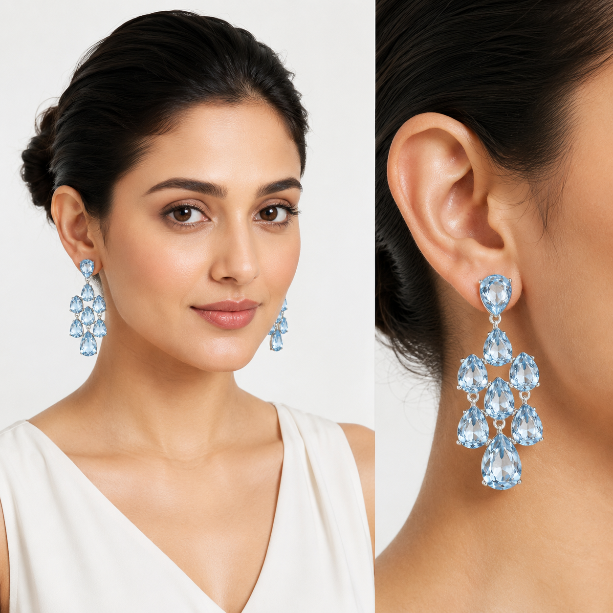 Pear Chandelier Drop Earrings - Aqua Blue