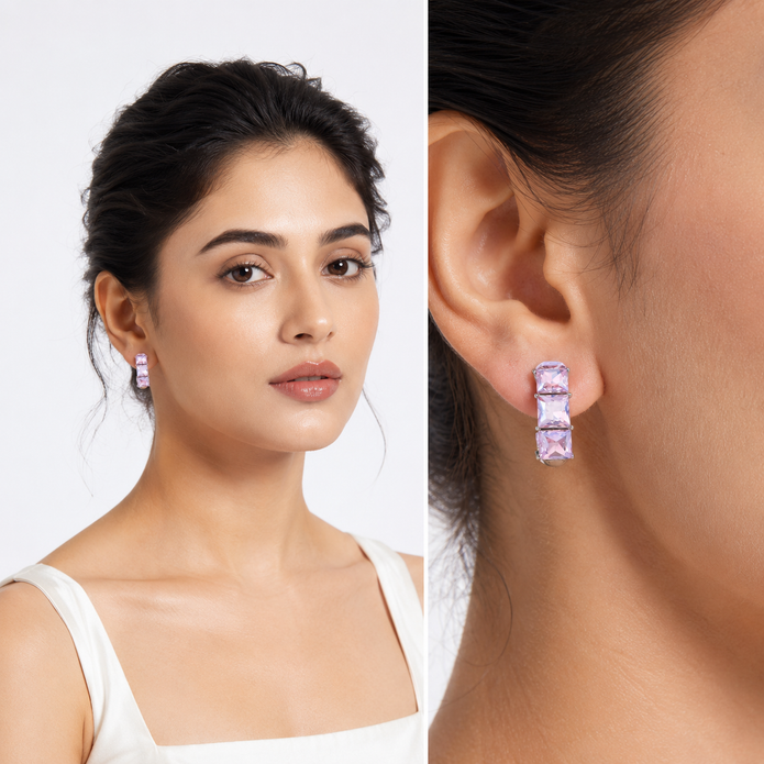 Three-Stone Baguette Huggie Hoop Earrings - Lavender