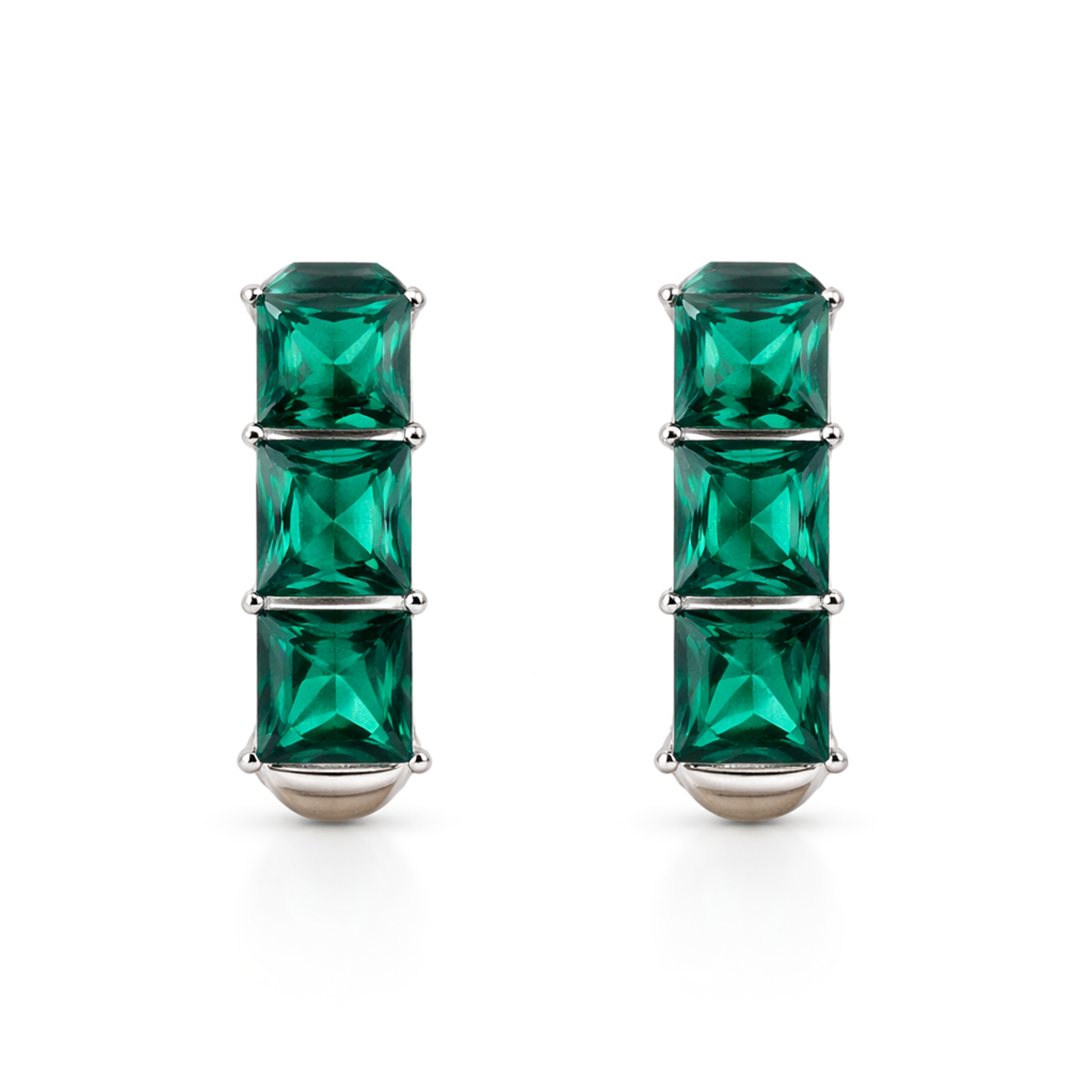 Three-Stone Baguette Huggie Hoop Earrings - Emerald Green
