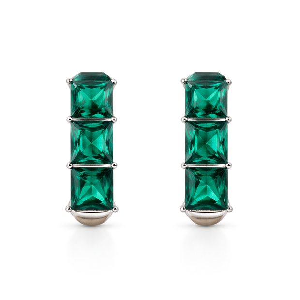 Three-Stone Baguette Huggie Hoop Earrings - Emerald Green