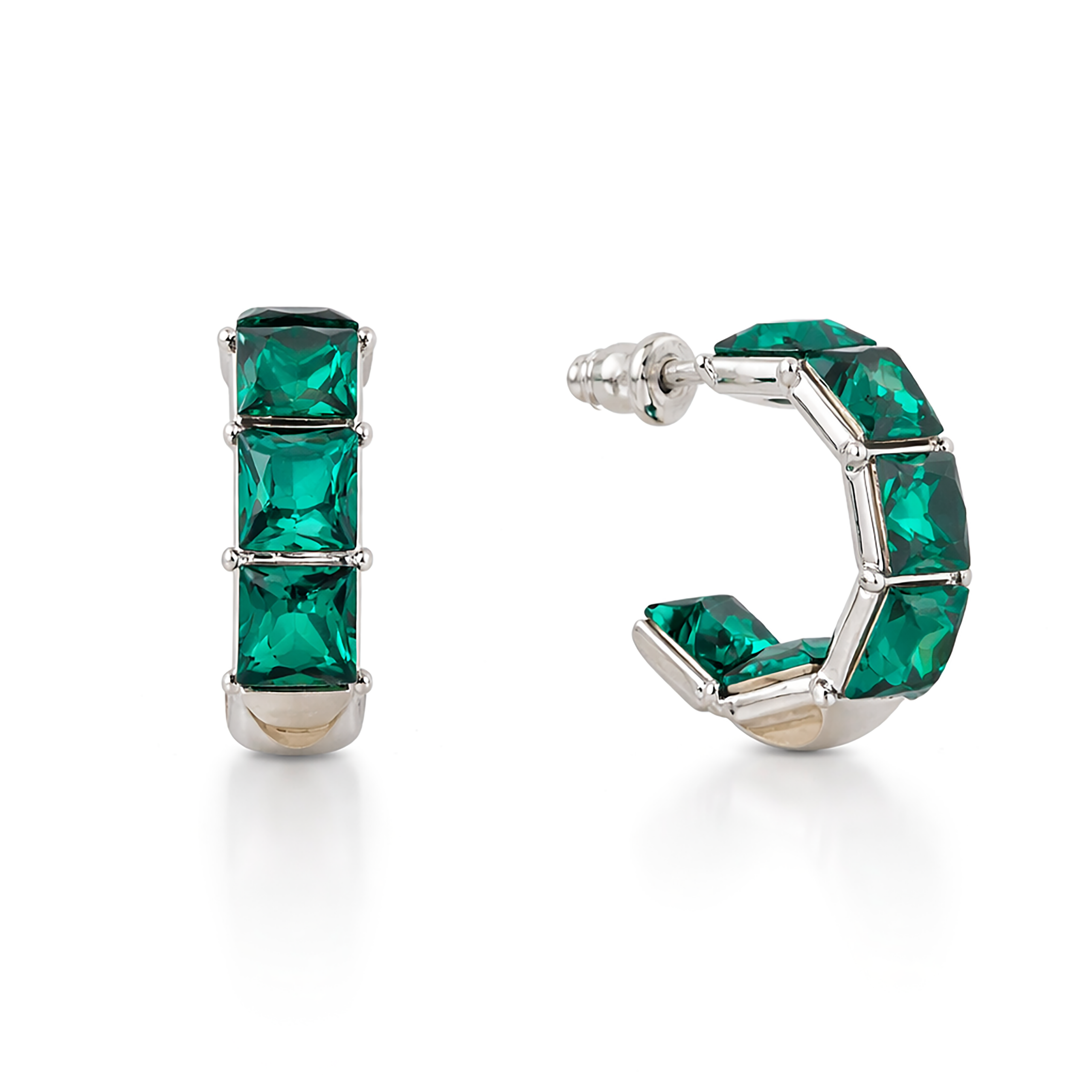Three-Stone Baguette Huggie Hoop Earrings - Emerald Green