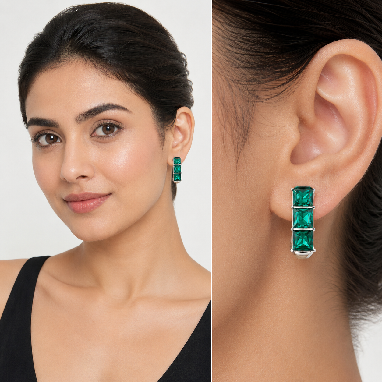 Three-Stone Baguette Huggie Hoop Earrings - Emerald Green
