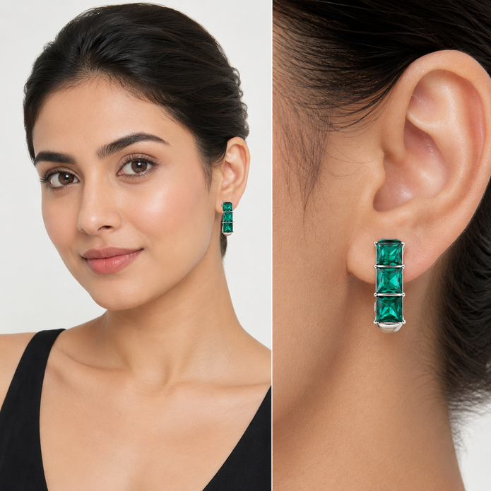 Three-Stone Baguette Huggie Hoop Earrings - Emerald Green