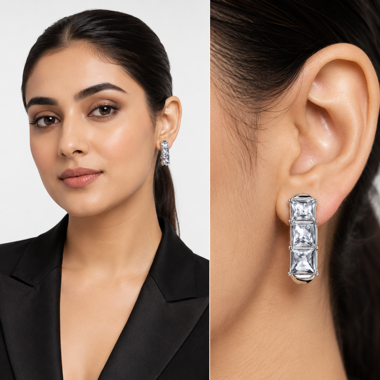 Three-Stone Baguette Huggie Hoop Earrings - Clear