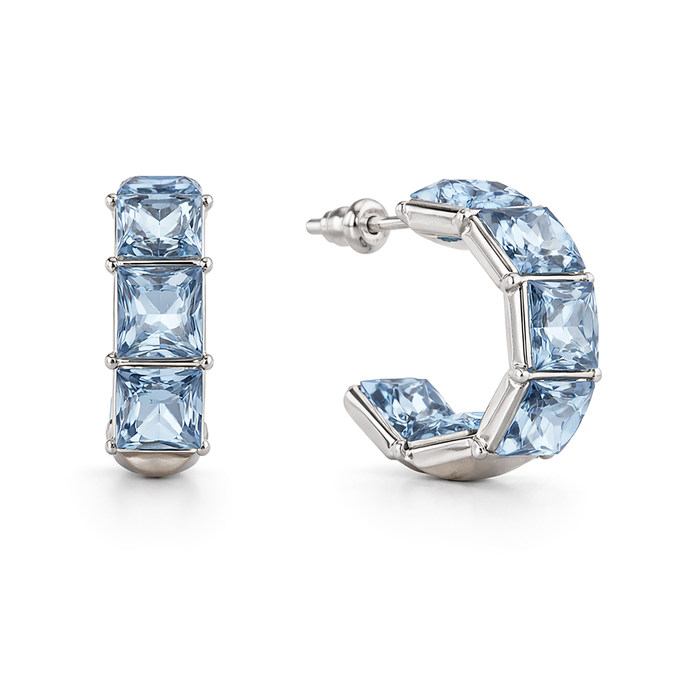 Three-Stone Baguette Huggie Hoop Earrings - Aqua Blue