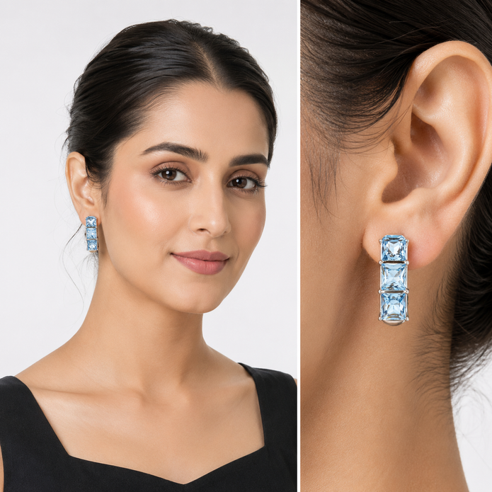 Three-Stone Baguette Huggie Hoop Earrings - Aqua Blue