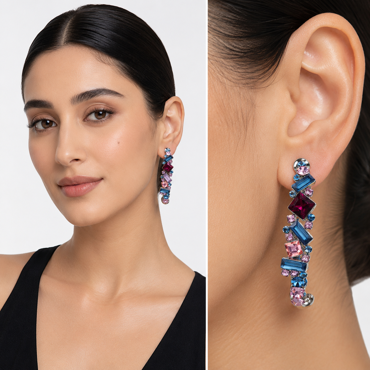 Mosaic Ear Climber Stud Earrings - Multi-Color