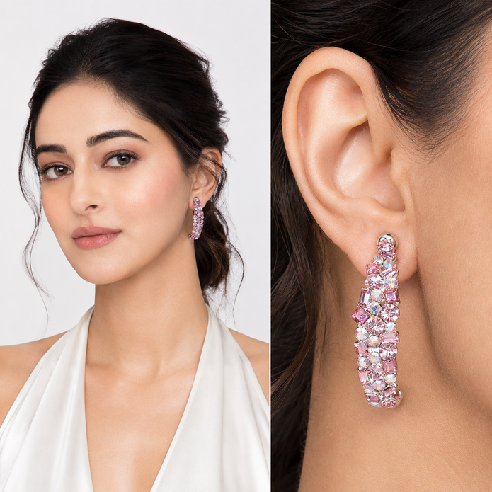 Mosaic Ear Climber Stud Earrings - Pink
