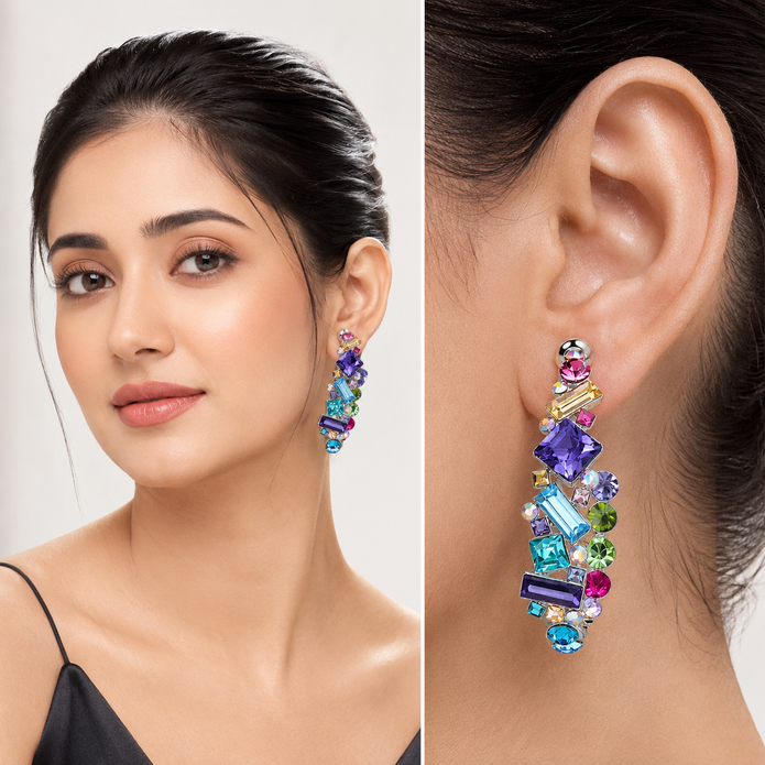 Mosaic Ear Climber Stud Earrings - Multi-Color
