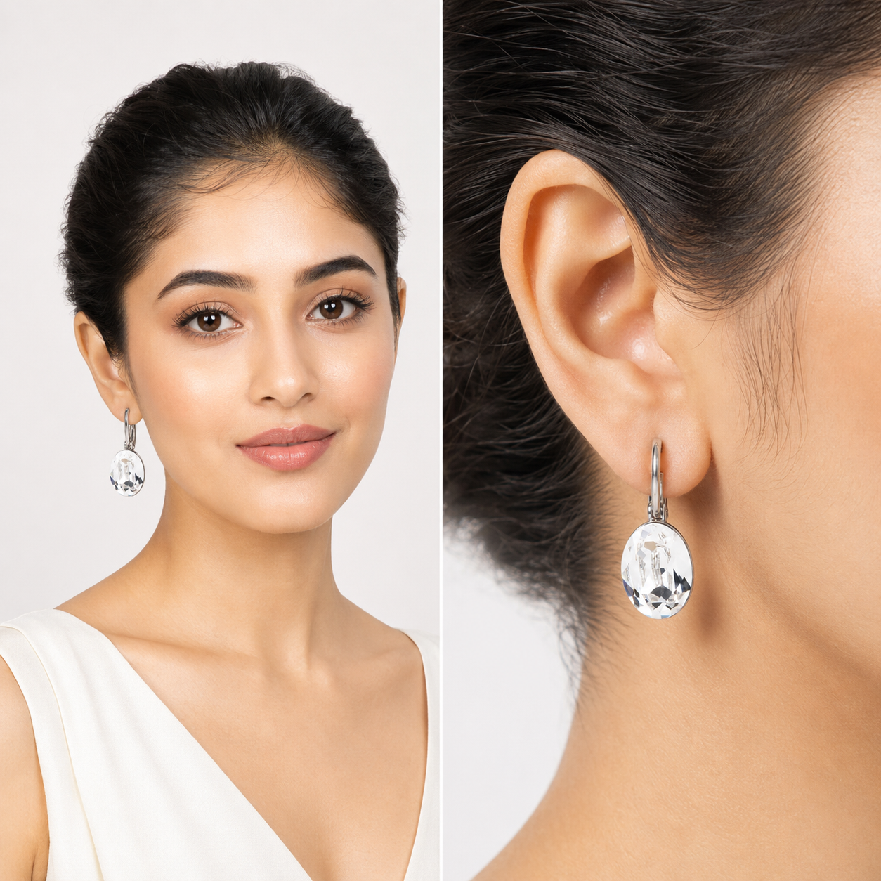 Clear Oval Crystal Lever-Back Drop Earrings