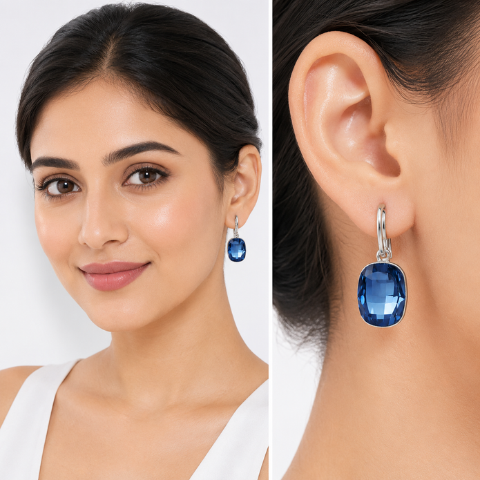 Navy Blue Oval Crystal Lever-Back Drop Earrings