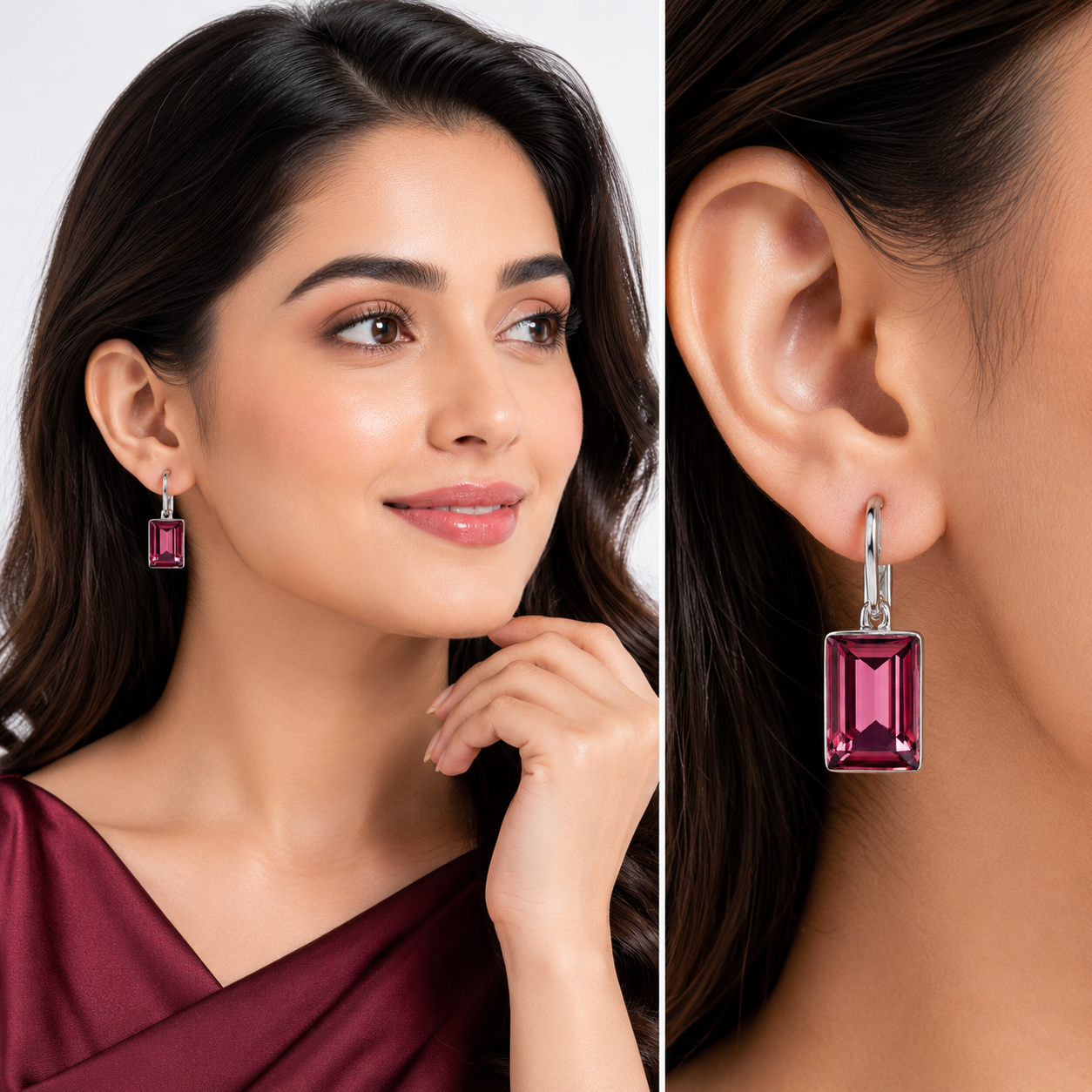 Emerald-Cut Rectangular Lever-Back Earrings - Burgundy