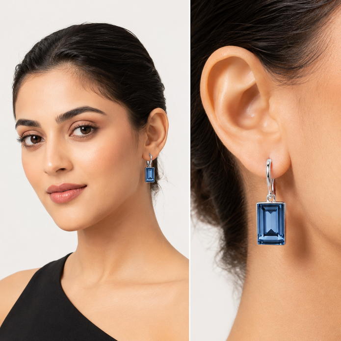 Emerald-Cut Rectangular Lever-Back Earrings - Navy Blue