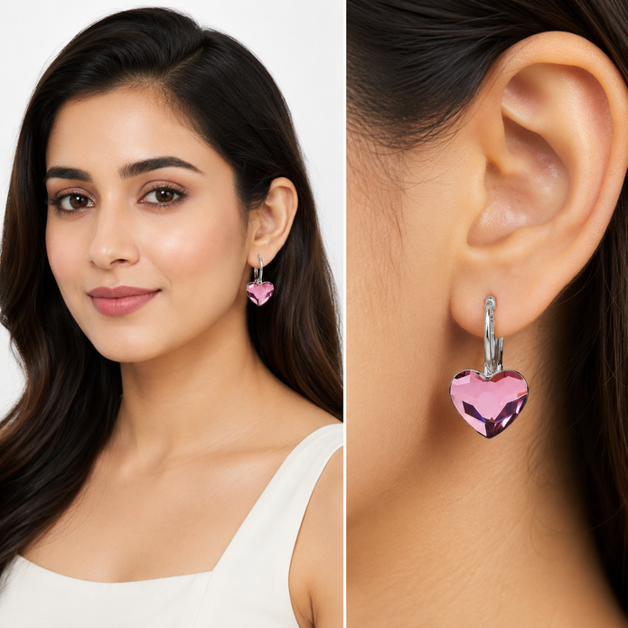 Crystal Heart Lever-Back Drop Earrings - Rose pink