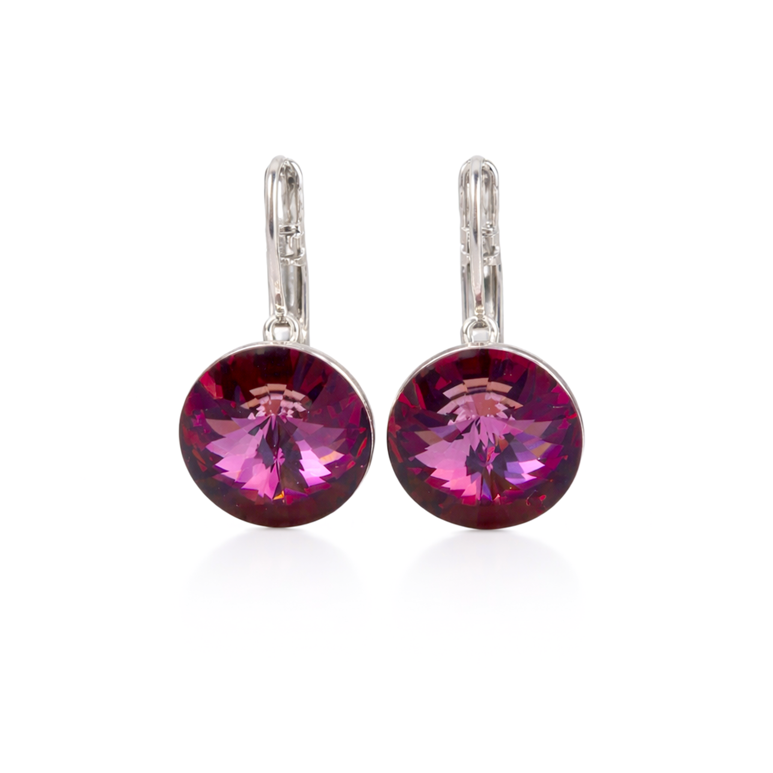 Round Rivoli Lever-Back Drop Earrings - Burgundy