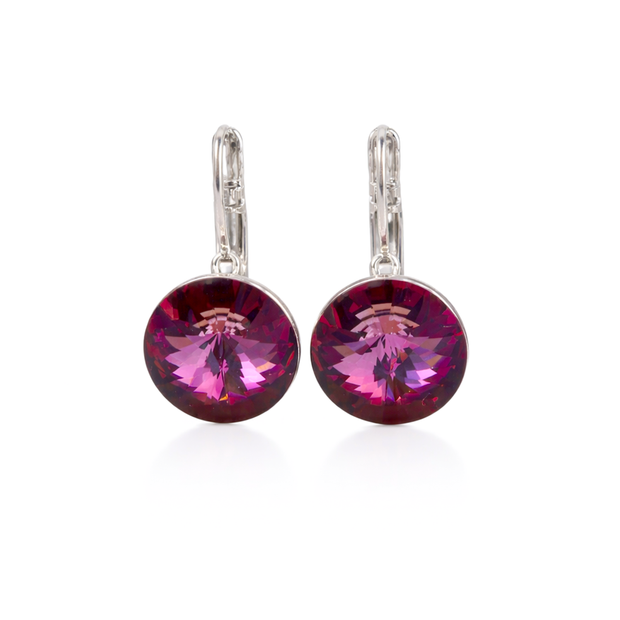 Round Rivoli Lever-Back Drop Earrings - Burgundy
